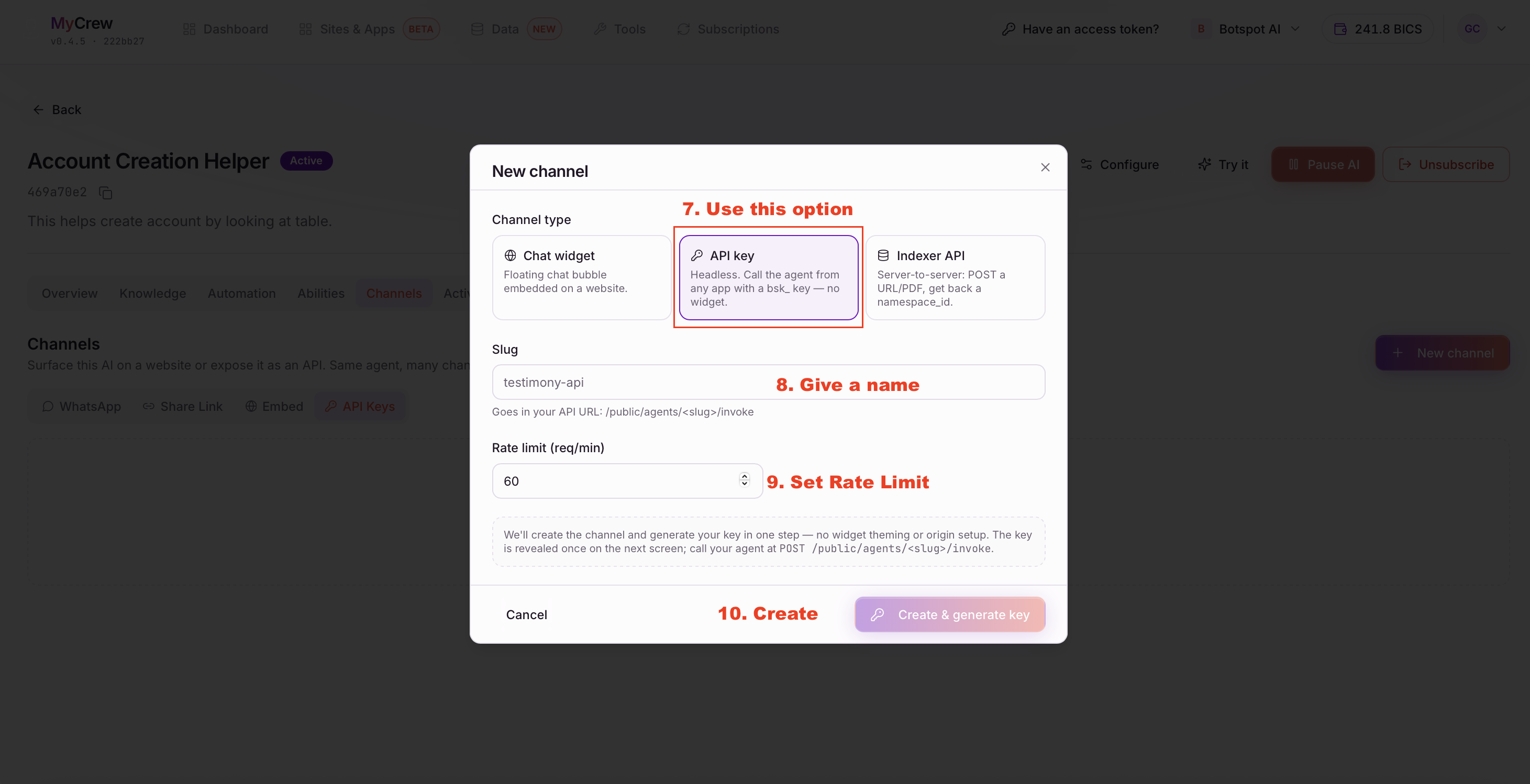 The New channel dialog with the API key channel type selected, a slug field and a rate limit field