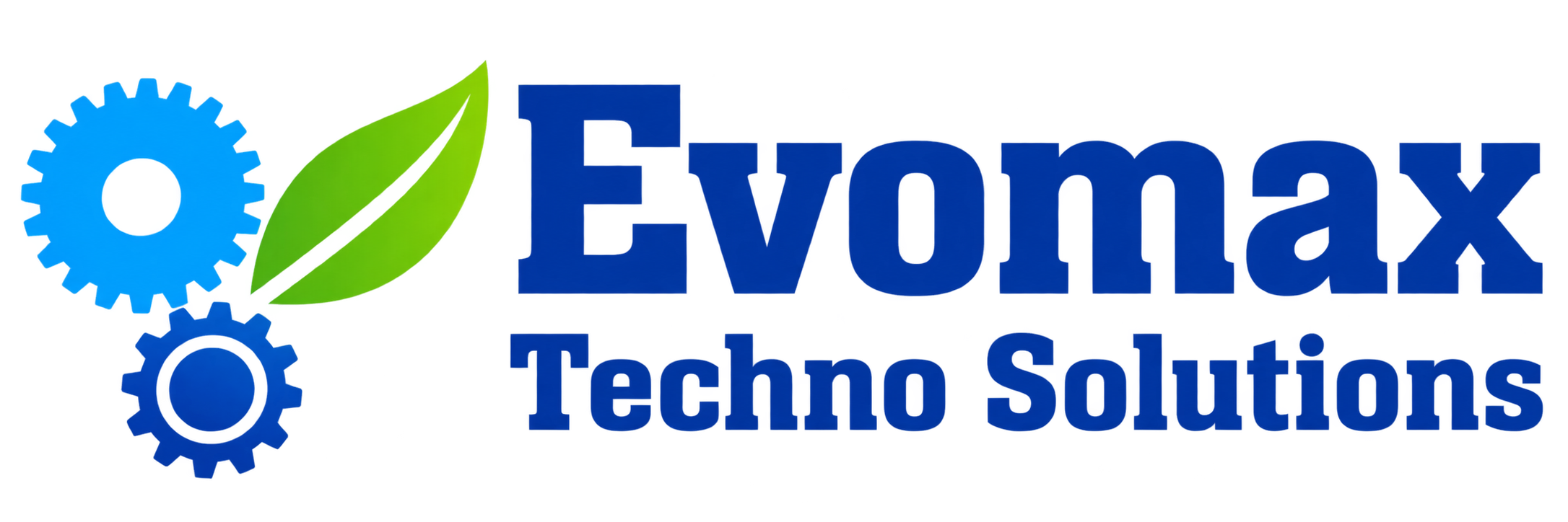 Evomax Techno Solutions logo — two interlocking blue gears beside a green leaf, next to the wordmark “Evomax Techno Solutions”