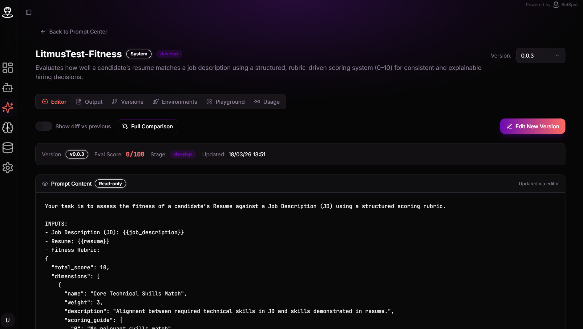 Prompt editing and versionizing interface