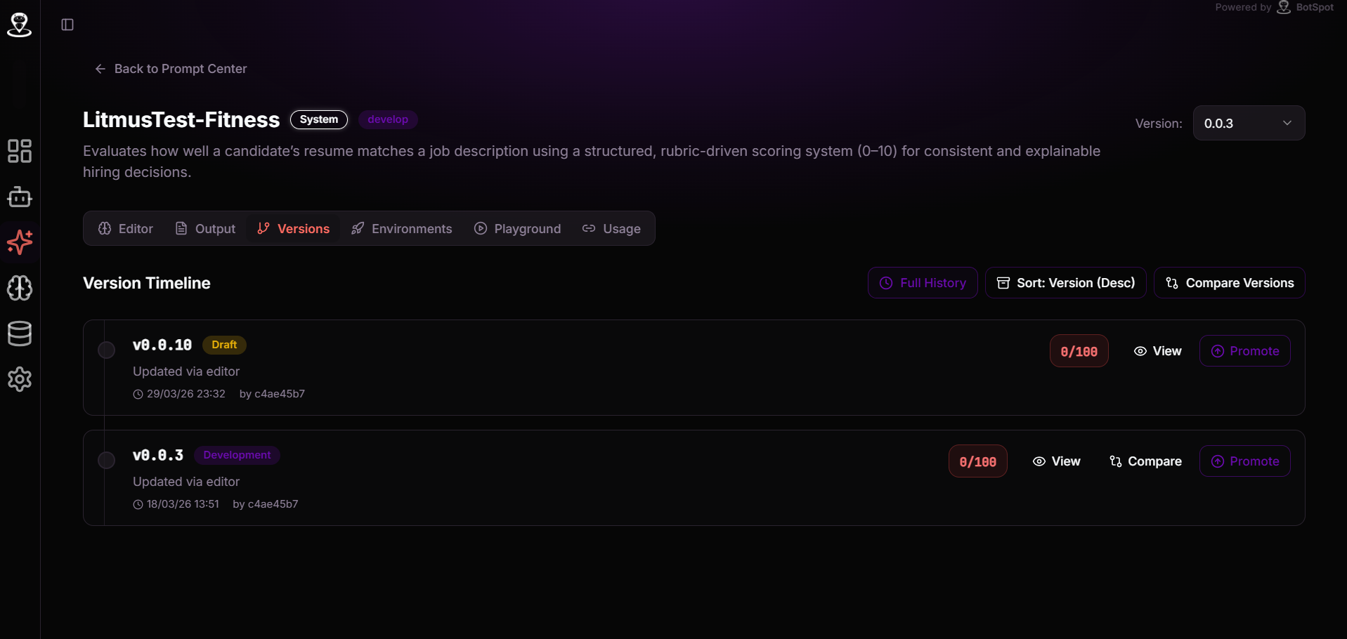 Prompt version history view