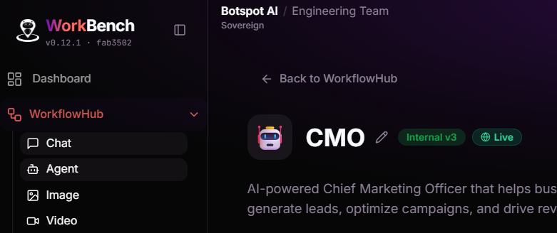 Workbench agent page: the pencil “Rename” icon beside a published agent's title, with the “Live” badge visible.